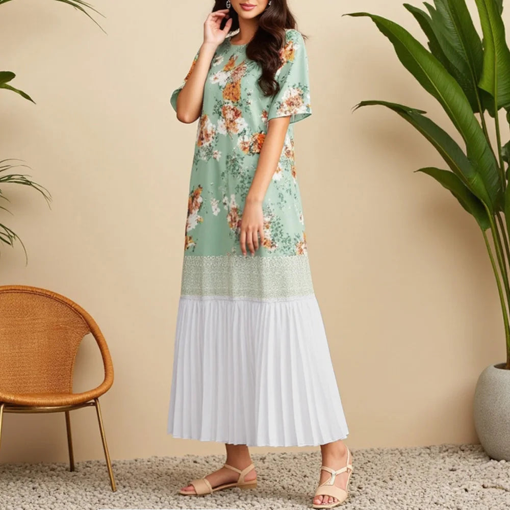 Rafiah Women's Summer 2025 Arabian Dress Contrast Color Short Sleeve Round Neck Floral Print Tiered Ruffle Long Dress