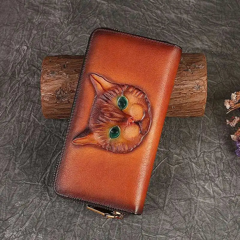 MOTAORA Genuine Cowhide Leather Women's Long Wallet with Retro Cat Print, Multi Card Slots, ID/Credit Card Holder Cash Organizer
