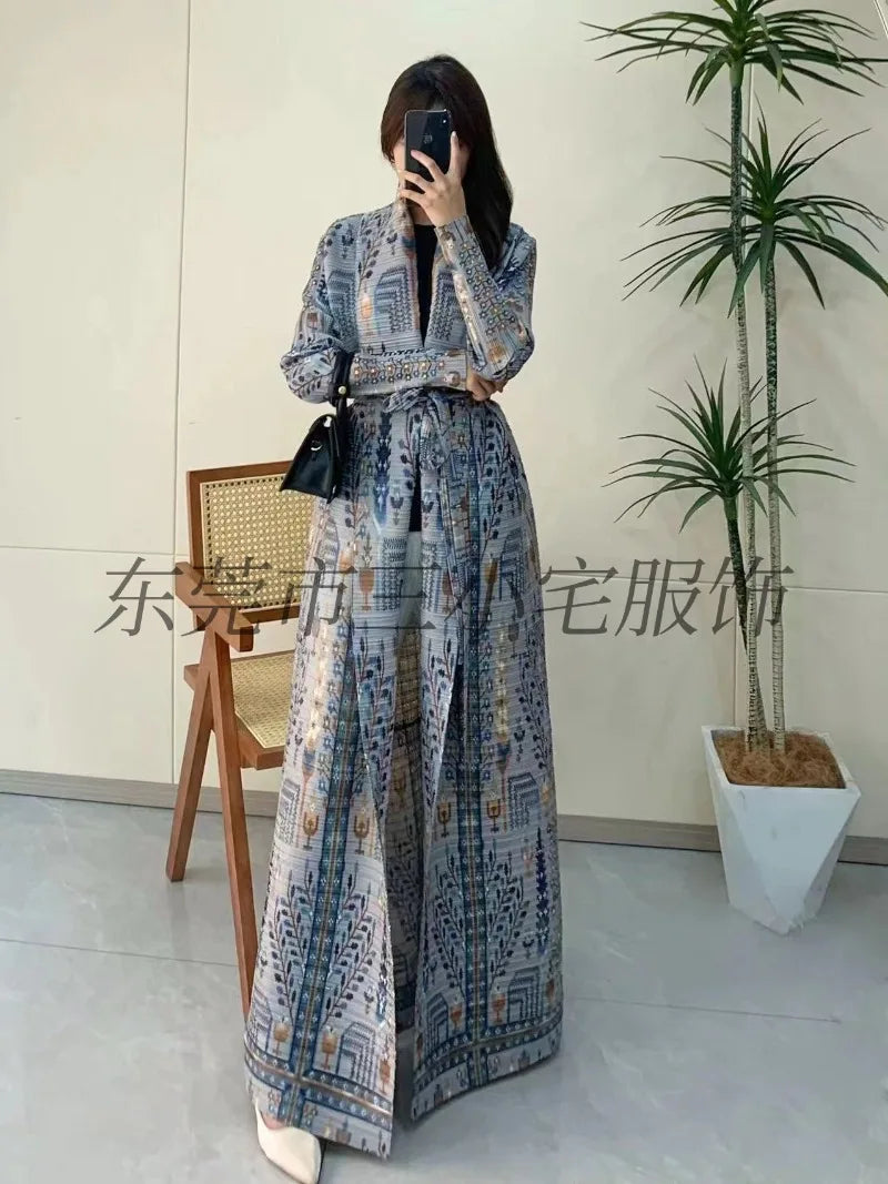 KAF Pleated Women Large Size Trench Coat 2024 Spring and Autumn New Vintage Printed Design Female Robe Arab Luxury Abaya
