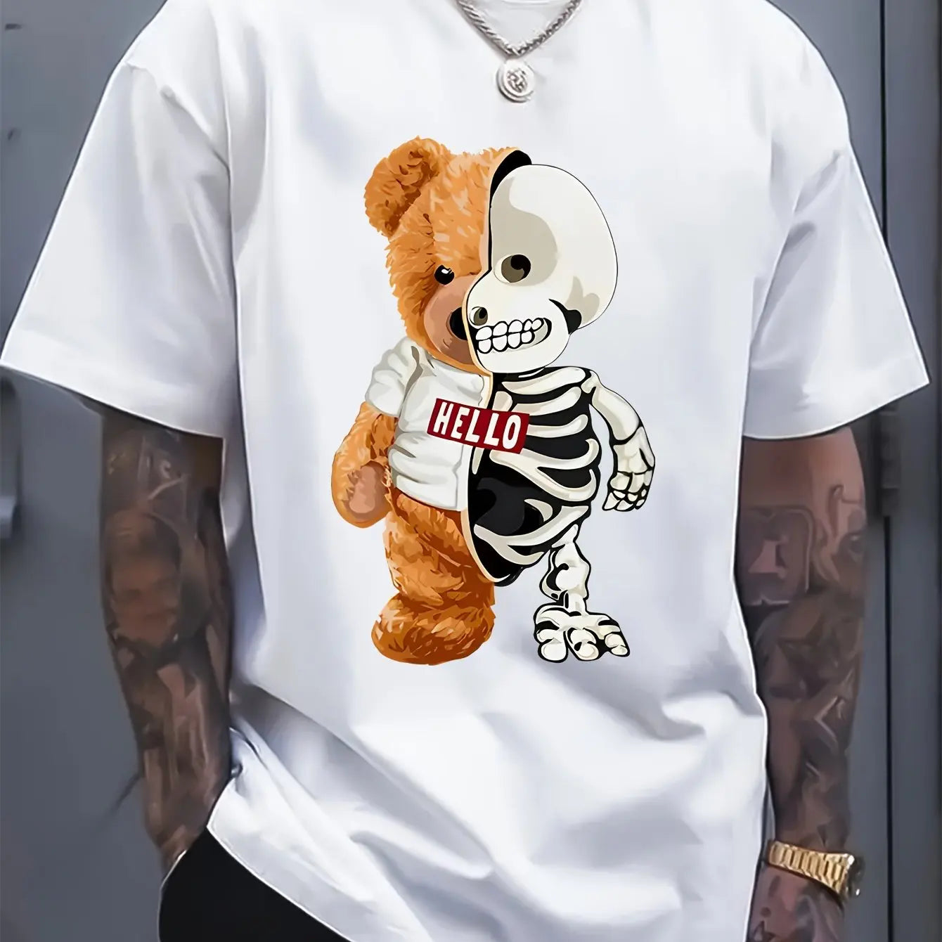 Men's 100% Cotton Casual Sports Skull Bear Printed Short Sleeve T-Shirt