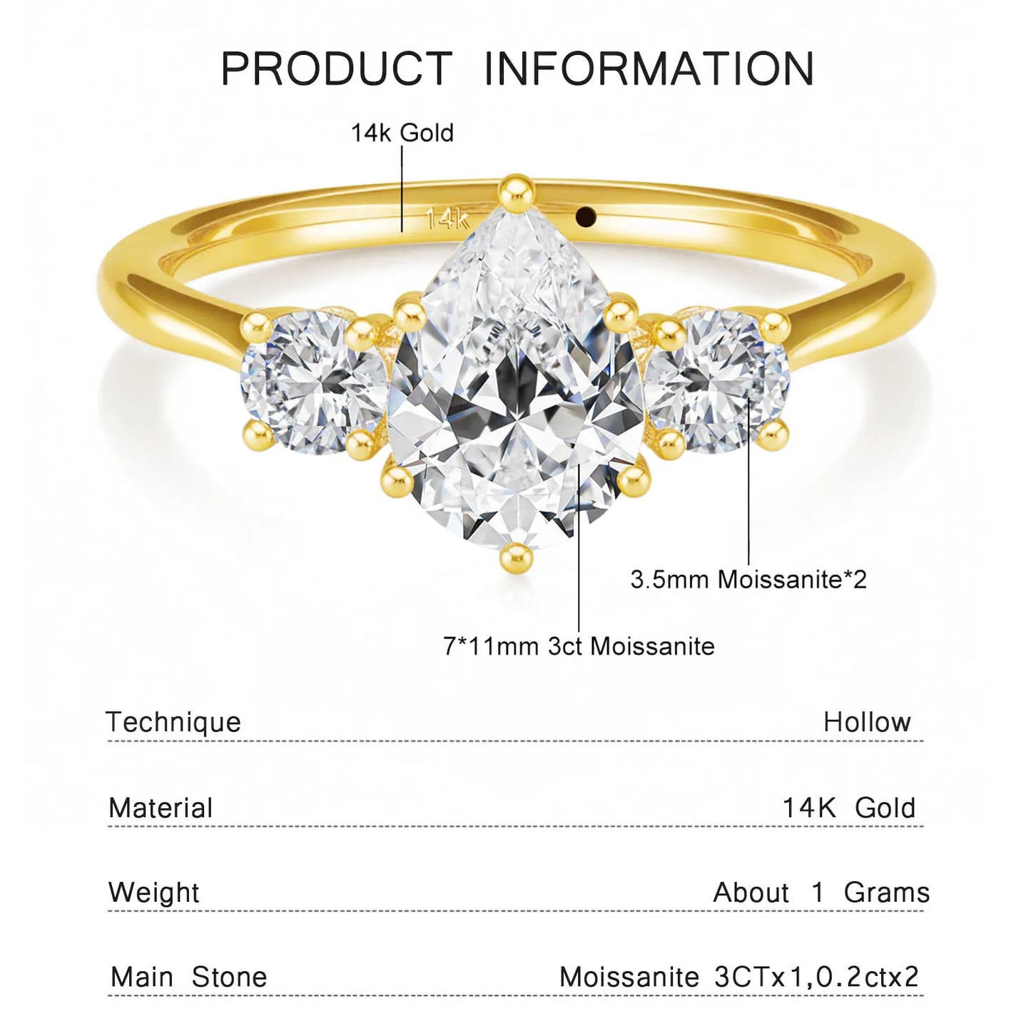 14k Gold Full Moissanite Diamond Ring for Women Teardrop Shape D VVS1 Bright Cut Genuine Au585 for Wedding Engagement Party Gift