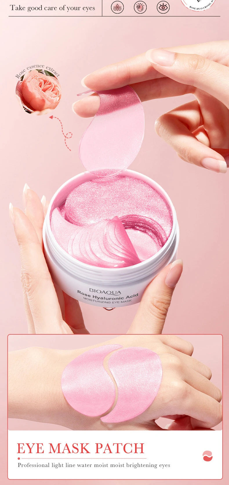 60pcs BIOAQUA Rose Hyaluronic Acid Eye Mask Anti Dark Circles Eye Bags Moisturizing Firming Eye Patches Skin Care Products