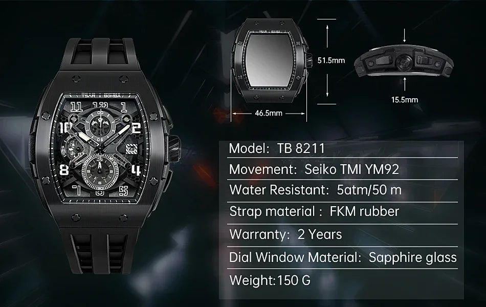 TSAR BOMBA Luxury Mens Watch Top Brand Wristwatch Tonneau Clock Rubber Strap Chronograph Sapphire Watches for Men