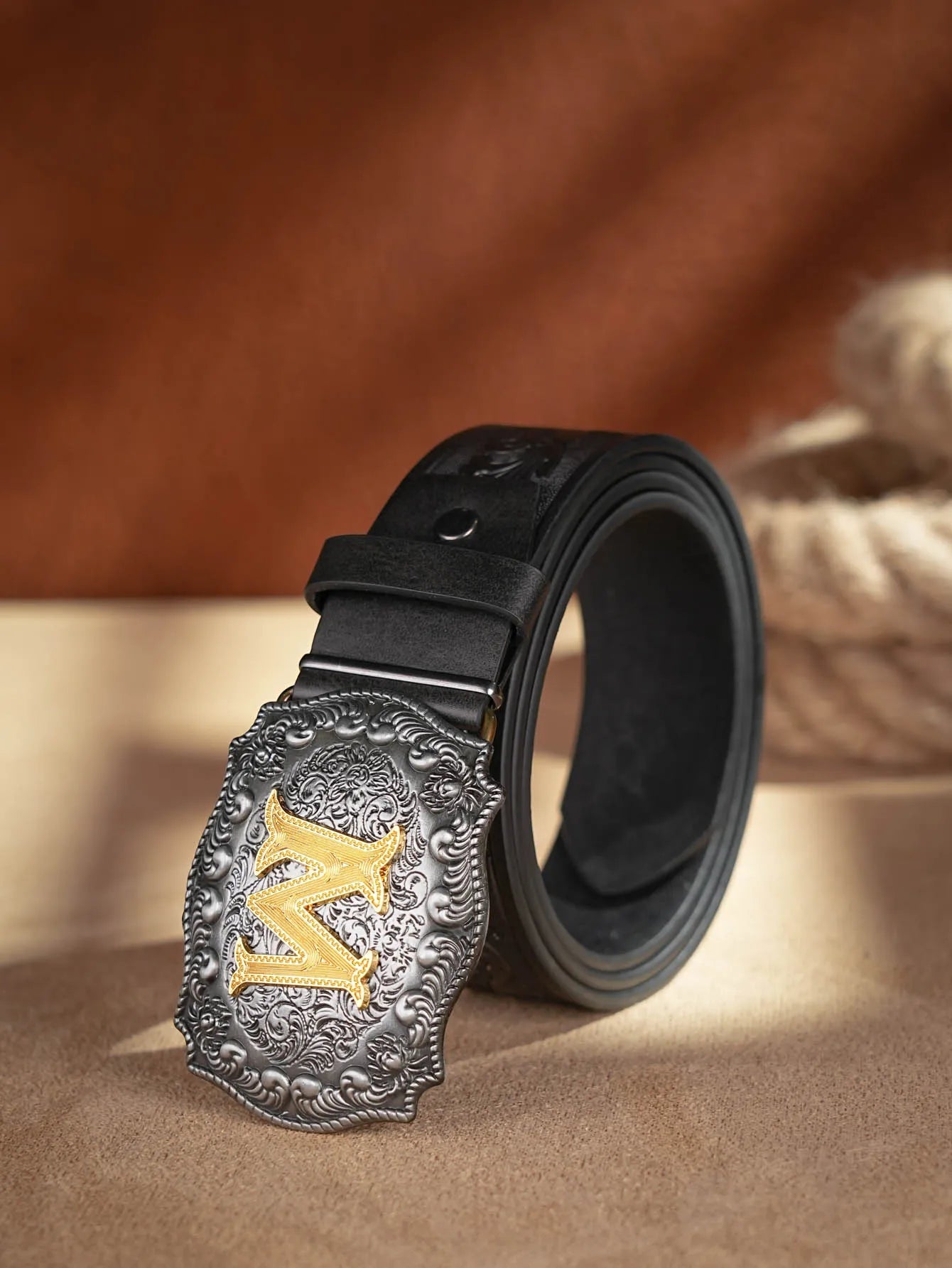 Western Cowboy PU Leather Belt - Men Waist Strap Bull Decoration Floral Engraved for Jeans