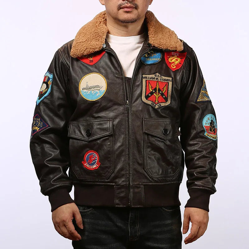 Top Gun Genuine Cowhide Leather Jacket with Wool Collar – Embroidered Unisex Motorcycle Coat
