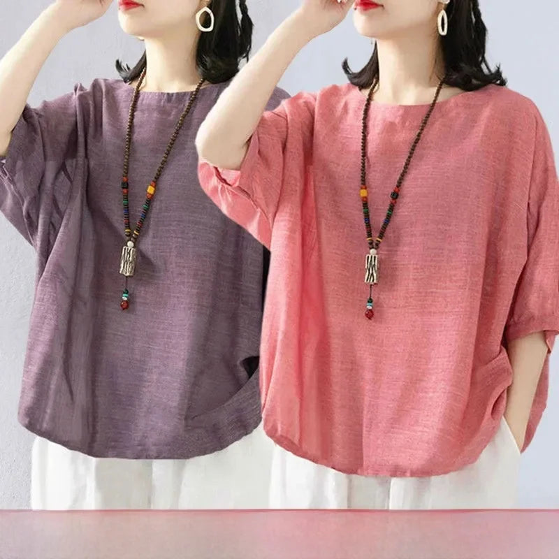 plus Size Women's Cotton T-irt ort Sve Summer New Sle Pure Linen Mid-Age Women's Faionable Commute Ethnic Sle Lo...