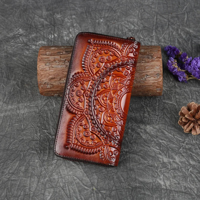MOTAORA Retro Girl's Wallet Long Hand Bag Women's Leather Handmade Embossed Floral Phone Purse Chinses Style Ladies Card Holder