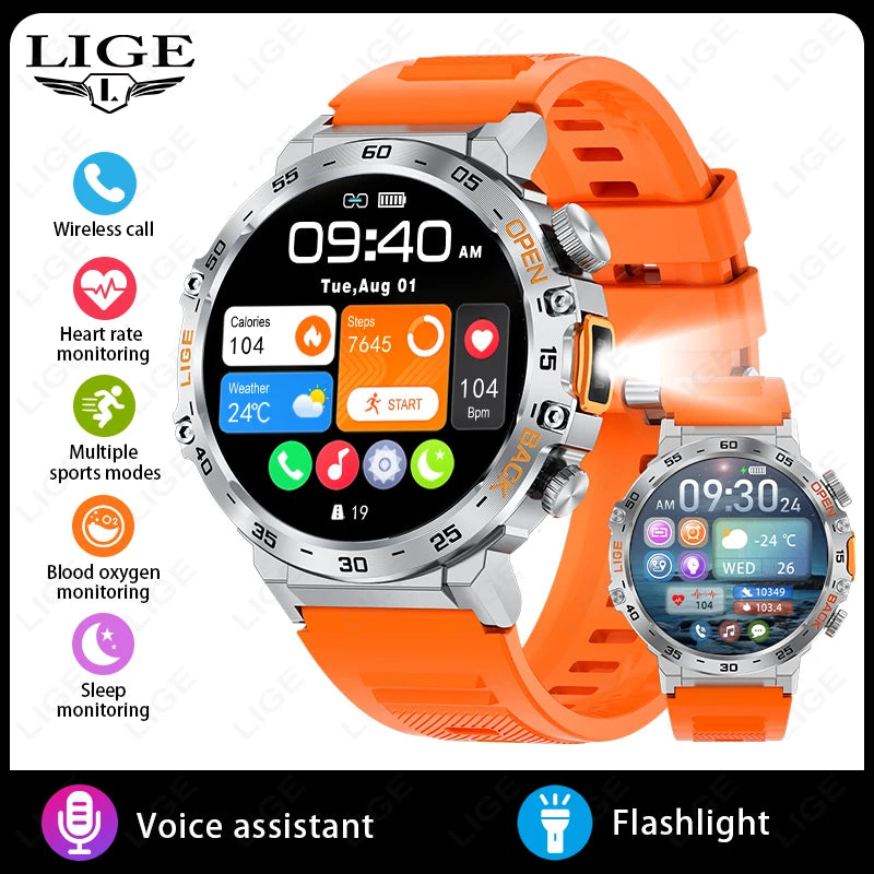 LIGE LED Flashlight Smart Watch Military Watches SOS Bluetooth Call Waterproof Health Monitor Sport Smartwatch For Android ios