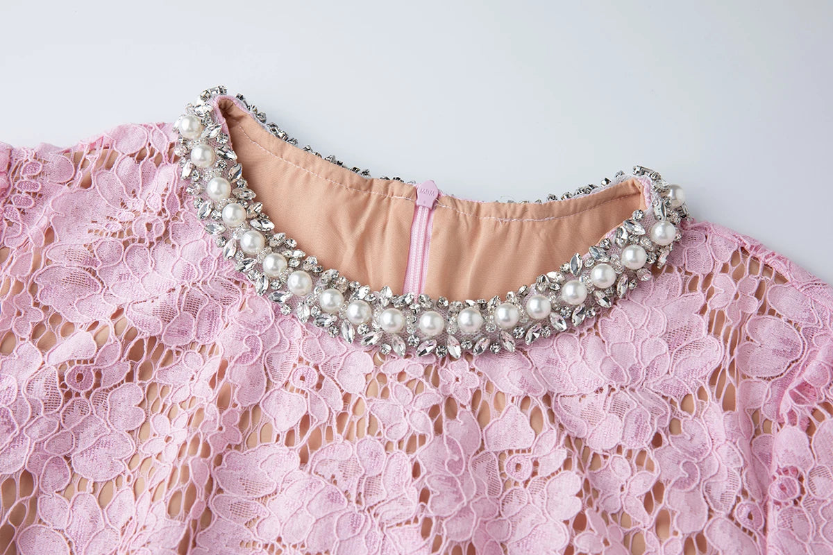 Luxury Eyelash Lace Mid-Calf Party Dress – Women’s Summer Short Sleeve A-Line with Crystal Beading, Hollow-Out Design – Pink Bridesmaid & Prom Gown