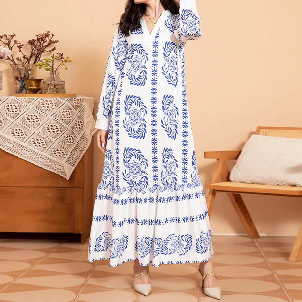 Rafiah Summer Dress 2025 Full Print Women's Elegant Long Sleeve V-Neck A-Line Maxi Dating Arabian Dress
