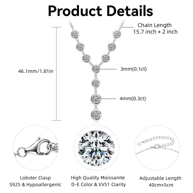 Lnngy 4mm&3mm Moissanite Pendent Necklace 925 Sterling Silver Fashion Sexy Y-Shaped Necklaces for Women 2025 Party Jewelry Gift