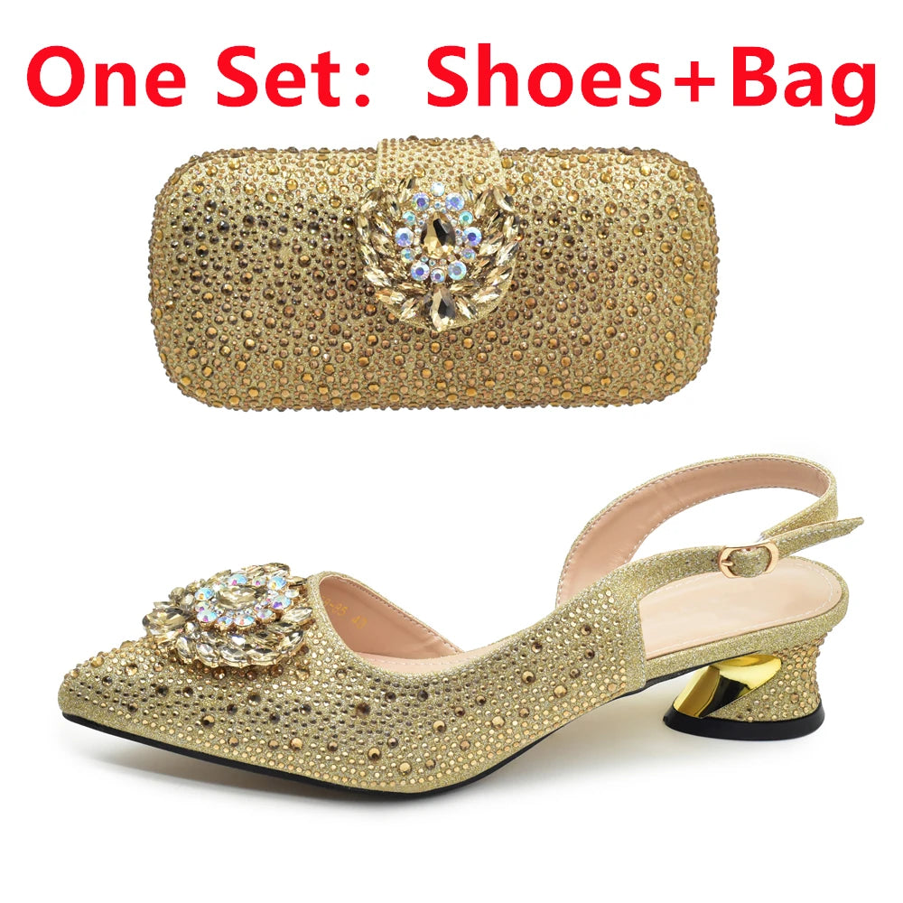 New Italian Shoe and Bag 2025 High Quality Luxury Full Diamond Italian Shoes and Bags Matching Set Decorated with Rhinestone
