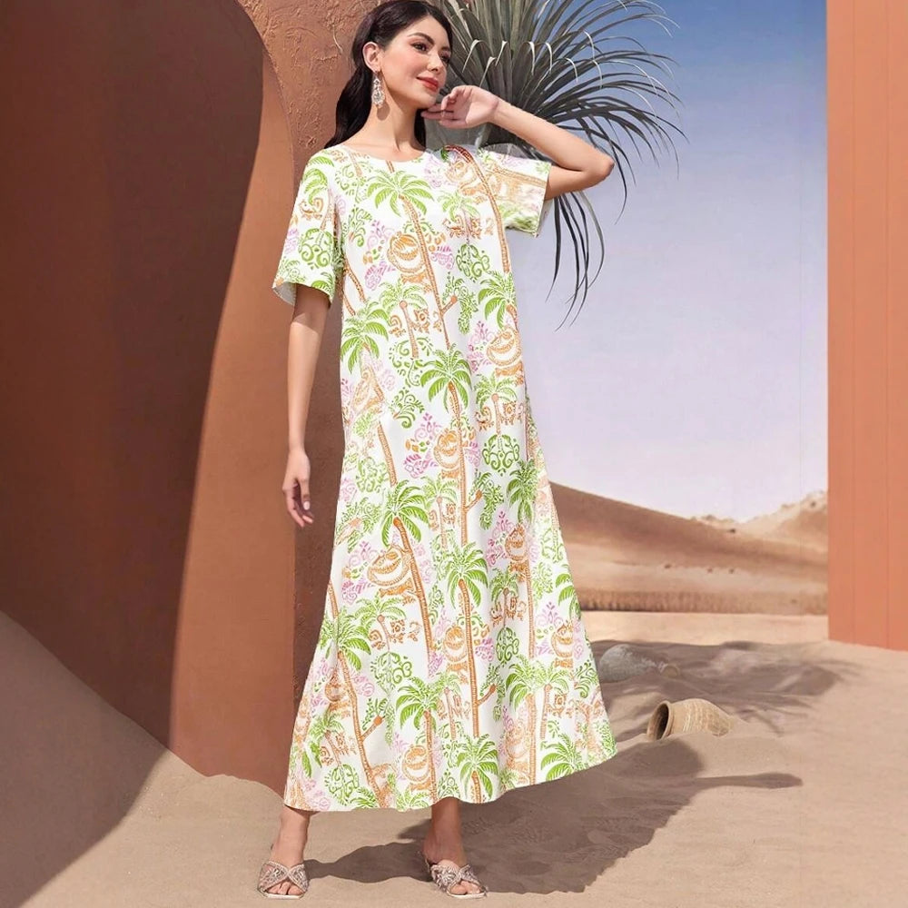 Rafiah Women's Arabian Dress Summer Fashion Vacation Full Print Short Sleeve Round-Neck Midi A-Line Long Daily Dress
