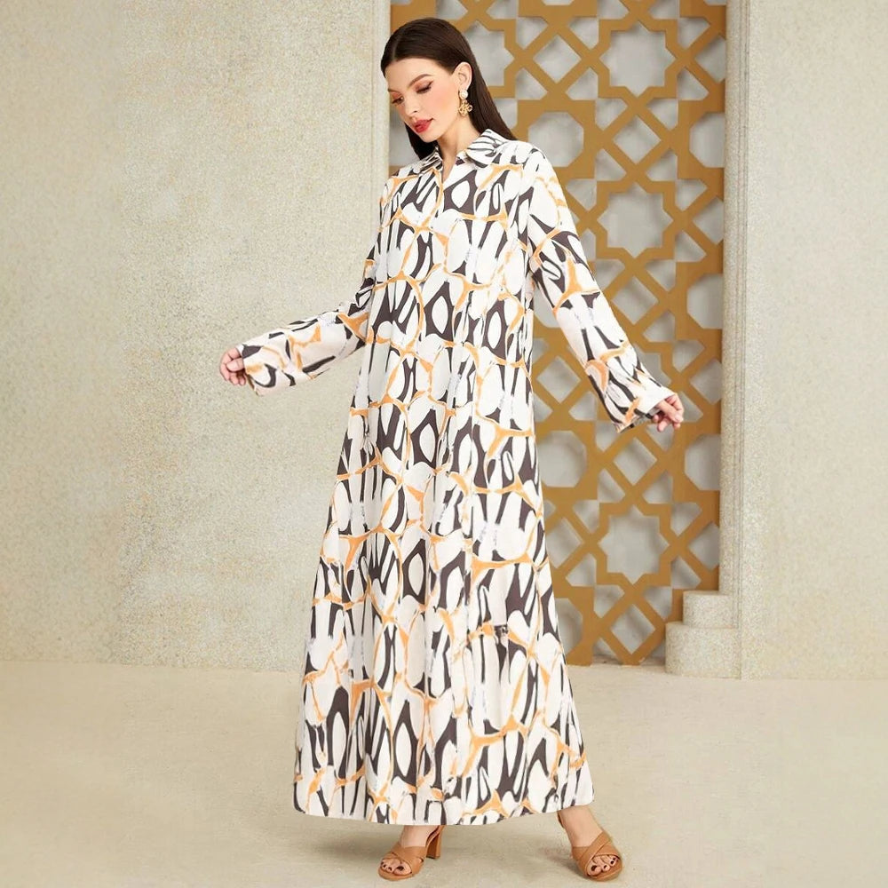 Plus Size Rafiah Women's Summer Arabian Dress 2025 Geometric Printing Long Sleeve Lapel A-Line Draped Long Dress