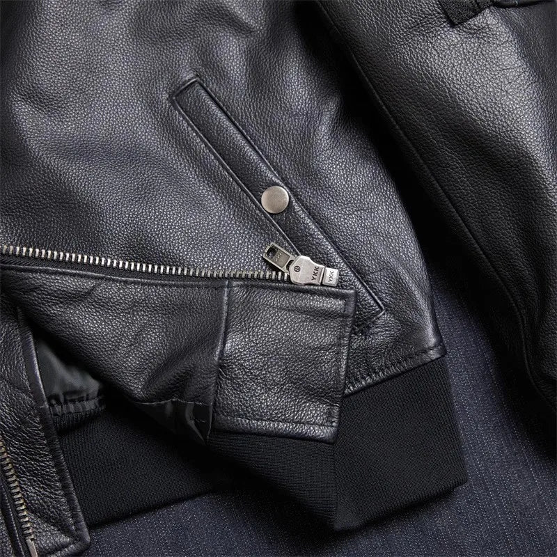 Men's Classic MA-1 Bomber Leather Jacket – Slim Fit Cowhide Air Force Style