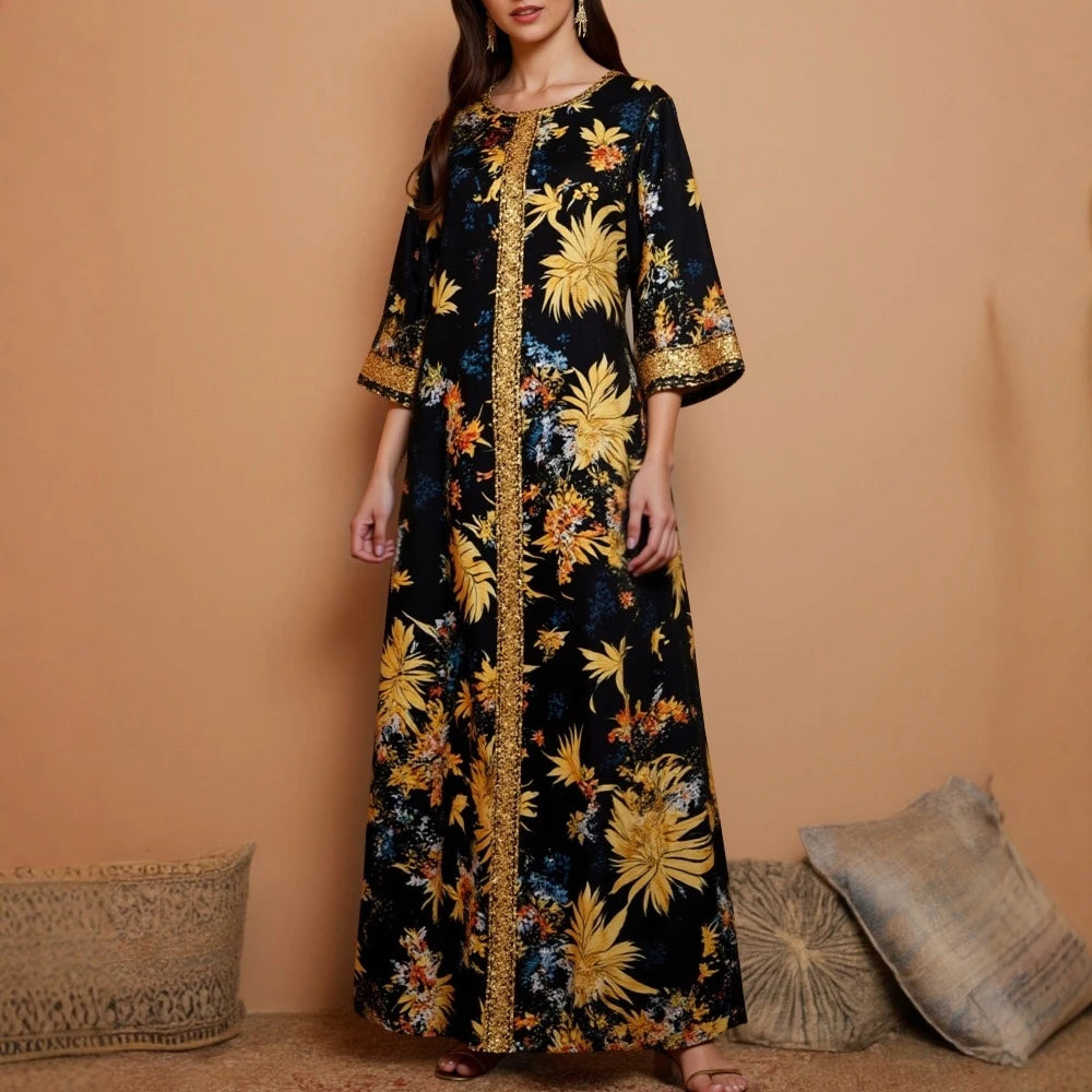 Rafiah Women's Arabian Dress Autumn Winter 2025 Women's Traditional Opulent Full Print Short Sleeve V-Neck Flowy Hem Long Dress