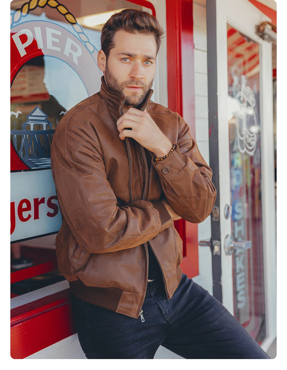Men’s Pigskin Leather Bomber Jacket – Casual Stand Collar Leather Coat