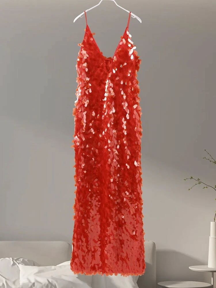 Glitter Sequins Spaghetti Strap Evening Gown – Women’s Sleeveless Backless Floor-Length Party Dress