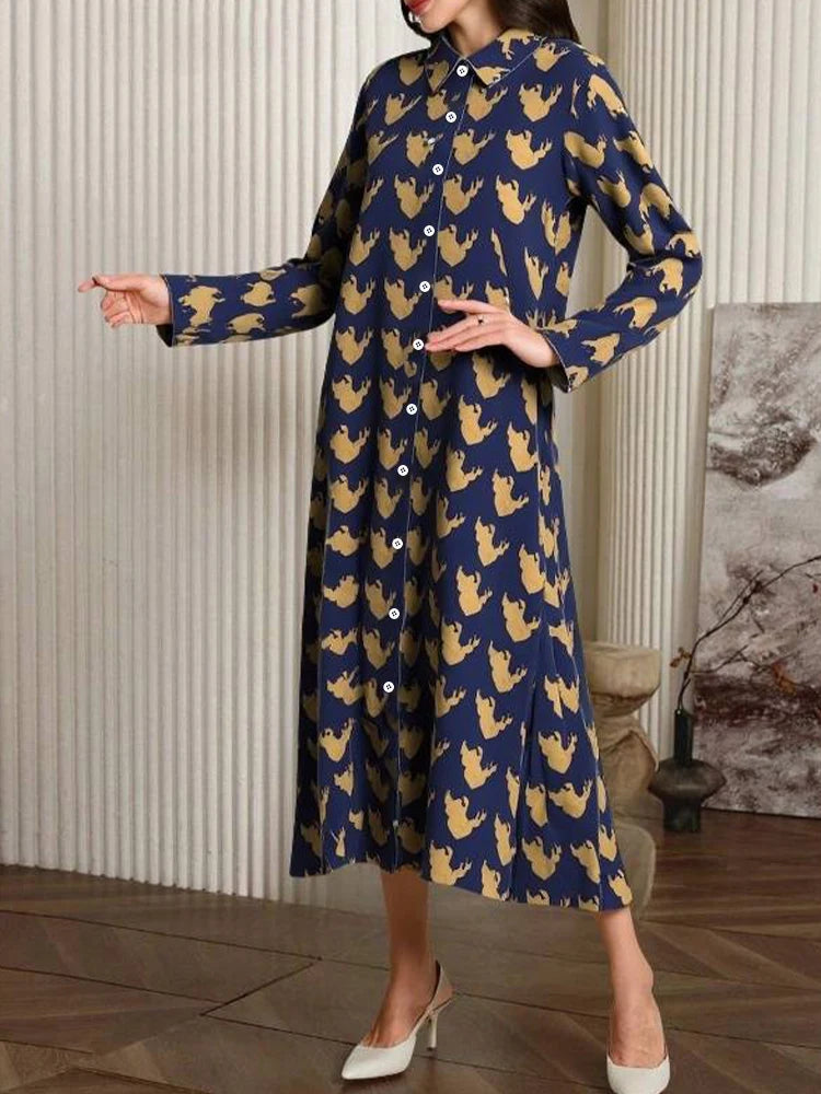 Rafiah Women's Dresses Summer Comfortable 2025 Full Print Button Long Sleeve Shirt Collar A-Line Midi Vacation Long Dresses