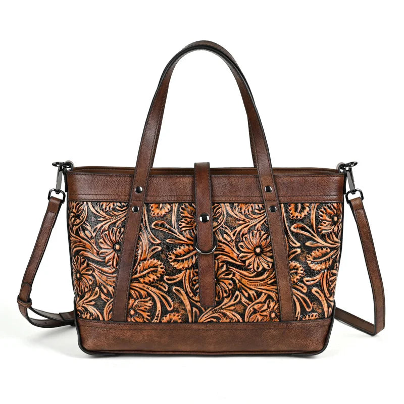 Vintage Embossed Leather Tote Bag for Women, Large Capacity Cowhide Shoulder Bag with Adjustable Strap, Handcrafted Work Purse