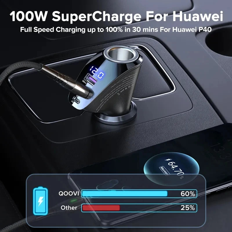 QOOVI 150W 4-Ports Car Charger USB Type C Super Fast Charging PD 4.0 Cigarette Lighter Socket For iPhone Xiaomi Samsung Huawei