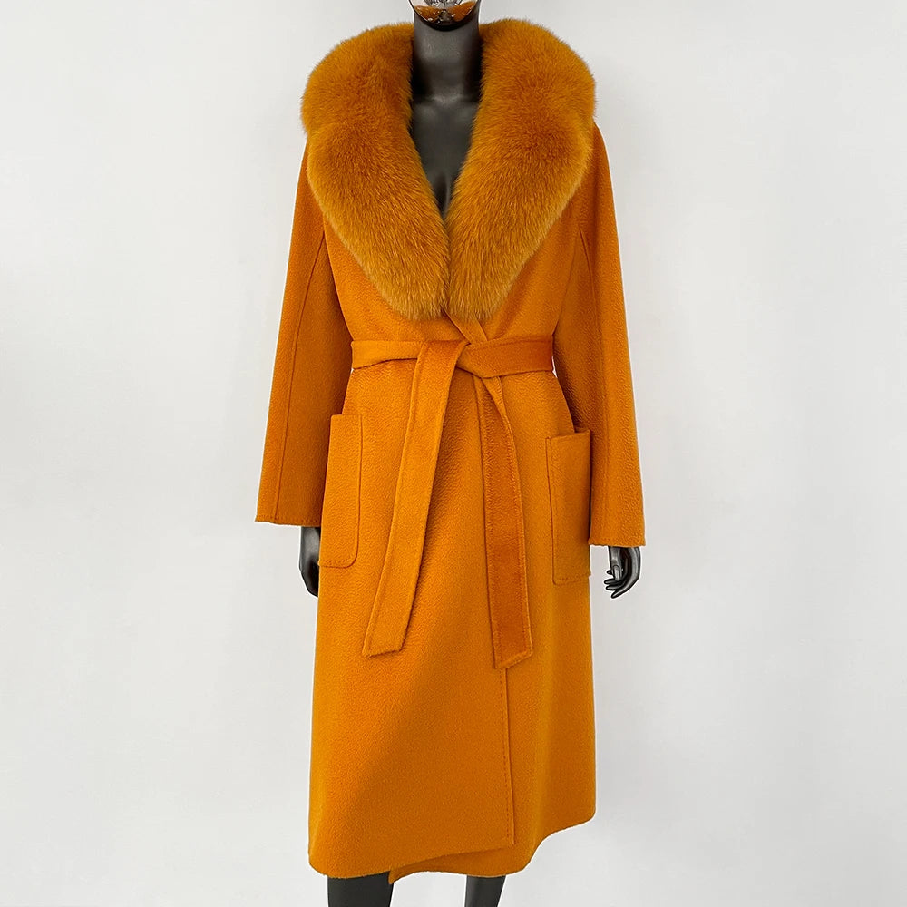 GENHUA 2025 New Casual Fur Coat for Ladies Winter Wool Long Fur Ladies Natural Real Fox Fur Collar Jacket for Ladies Warm Coat