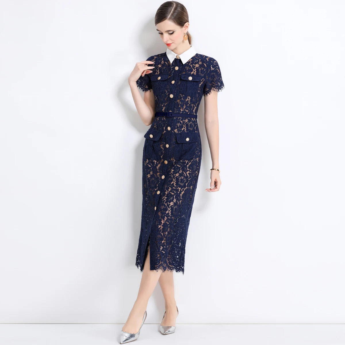 Formal Luxury Evening Long Dress Women Summer Autumn White Peter Pan Collar Hollow Out Blue Pencil Embroidery Lace Dress Party