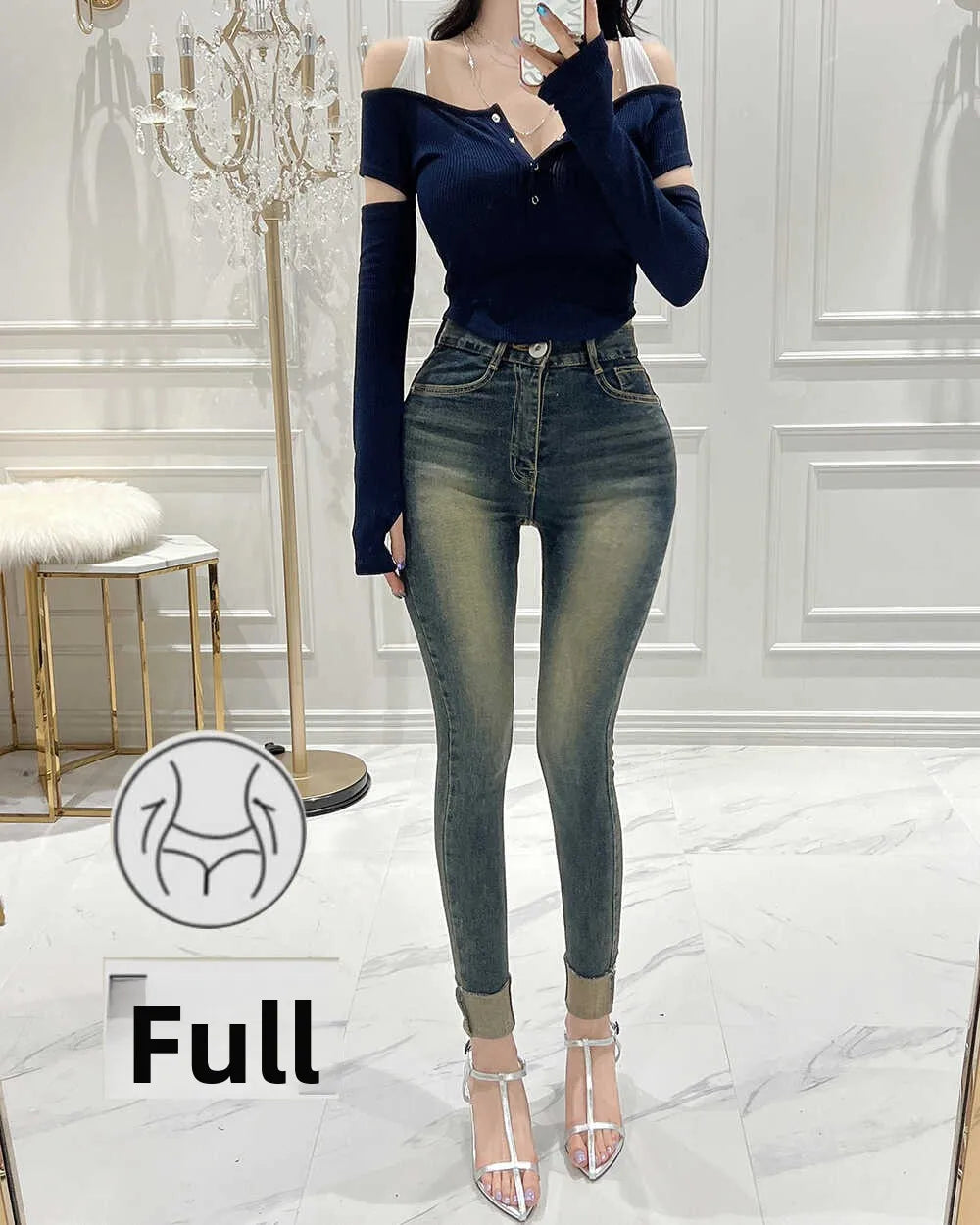 Slimming Skinny Jeans with Hip Padding Retro Nine-Piece Vintage Wear Resistant Cotton Stretch Denim Zipper Closure l Waist