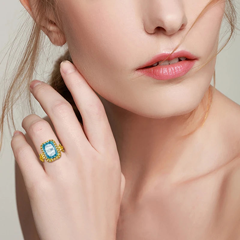Szjinao High Quality Woman Ring 925 Sterling Silver Aquamarine Rings Gold Plated Luxury Elegant Banquet Party Fine Jewelry