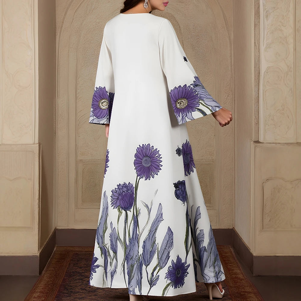 Rafiah Women's Dresses Summer Fashion Elegant 2025 Floral Cultural Long Sleeve V-Neck A-Line Vacation Long Dress