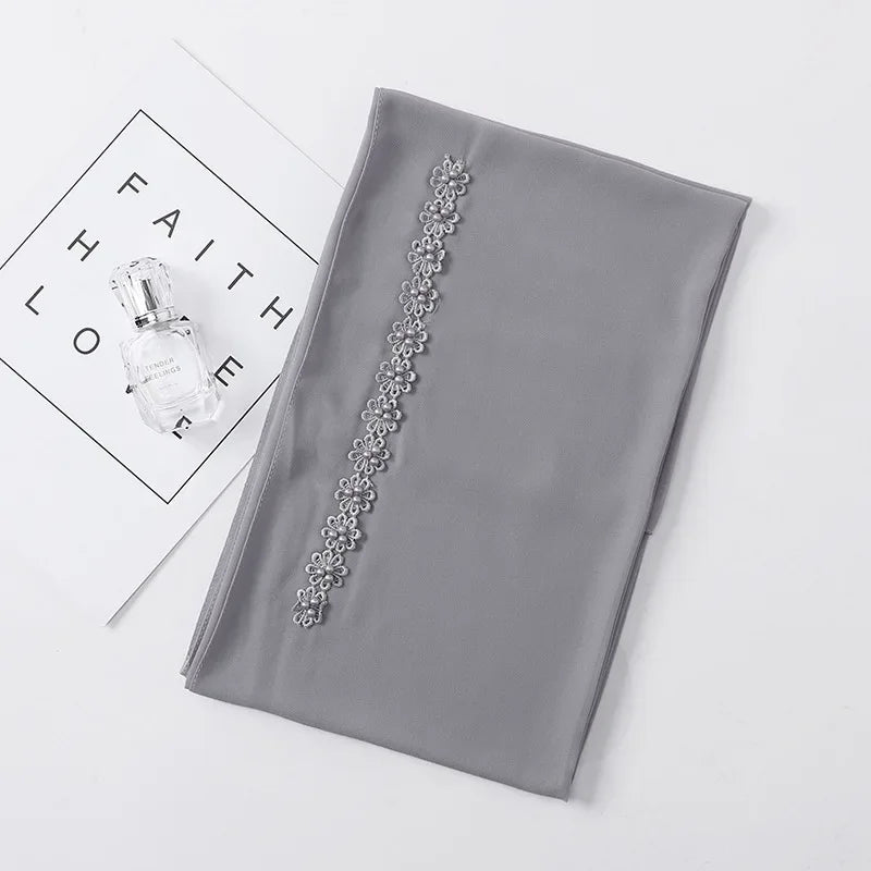 Muslim Hijab Plain Bubble Chiffon Long Scarf for Women Beading Lace Headscarf Arab Shawls African Hair Cover Wraps New Fashion