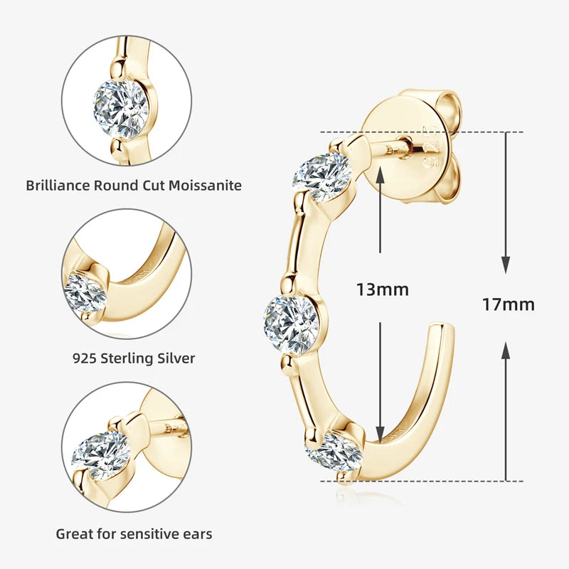 Lnngy Certified 3mm Moissanite Earrings for Women 925 Sterling Silver Unique C-shaped Stud Earring Classic Fine Jewelry Gifts