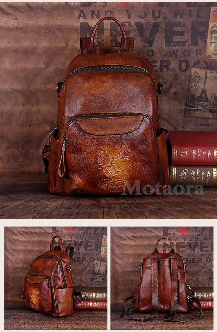 MOTAORA 2025 Leather Women's Bag Retro Embossing Backpack For Ipad Book Travel Handbag Female Shoulder Bag Vintage Messenger Bag