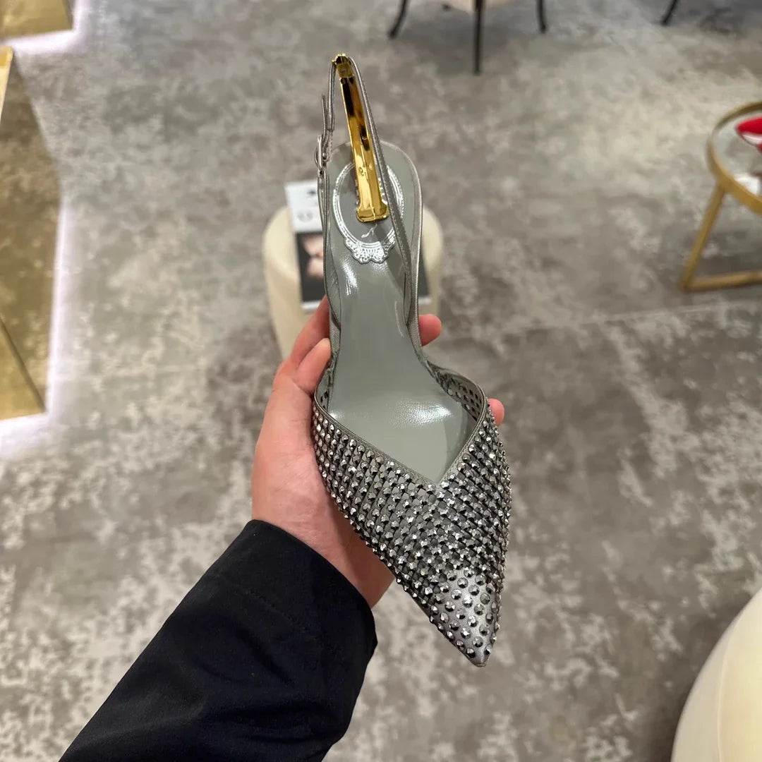 Luxury Rhinestones Sequined Buckle Women Pumps Elegant Pointed toe Slingbacks Stiletto High heels Spring Summer Fashion Shoes