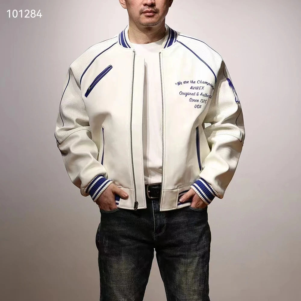 trend Varsity clothes Men's Genuine Leather Baseball Jackets Thickened French Sheepskin Autumn Winter Warm Avirex USA Size Coats