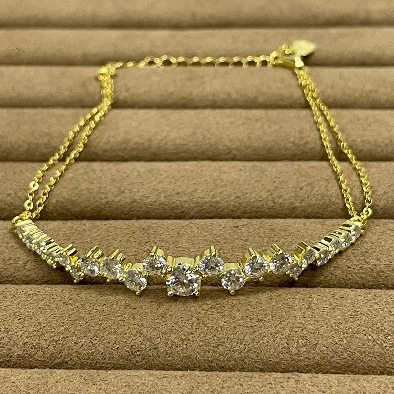 Lnngy Moissanite Bracelet With Certificate 925 Sterling Silver Adjustable Double Chain Bracelets for Women Wedding Jewelry Gift