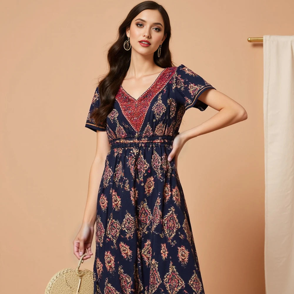 Rafiah Summer Women's Arabian Dresses 2025 Traditional Elegant Geometric Print Short Sleeve V-Neck A-Line Evening Dresses