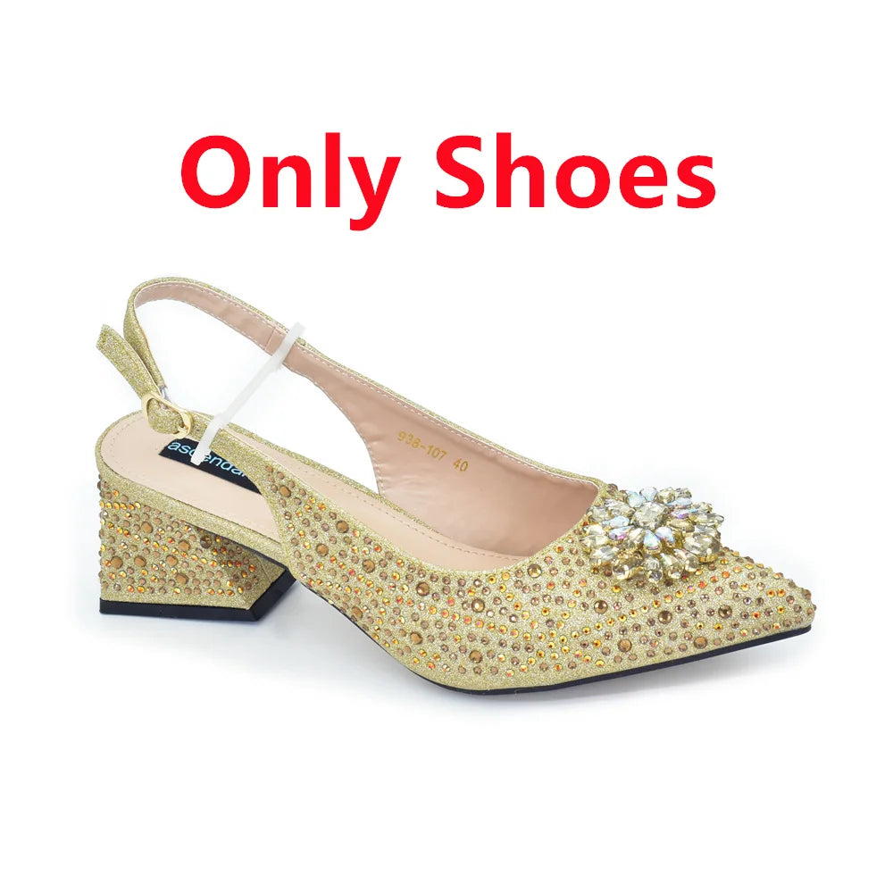 Elegant Baldauren Women’s Italian-Style Pointed Toe Slingback Pumps with Crystal Rhinestones & Matching Bag – African Party & Wedding Set (Sizes 37-43)