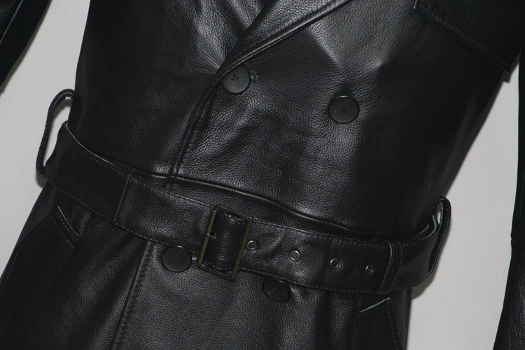 Men's Leather Trench Coat, Genuine Cowhide, Double Breasted, Extended Length Trench Long Coat Windproof Belt, Autumn Winter,6XL