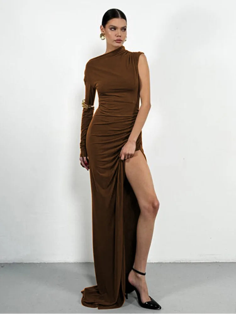 Articat Elegant Single Sleeve High Elasticity Tight Fold Dress Women New 2025 Winter Party Club Evening Dress Bodycon Vestdos