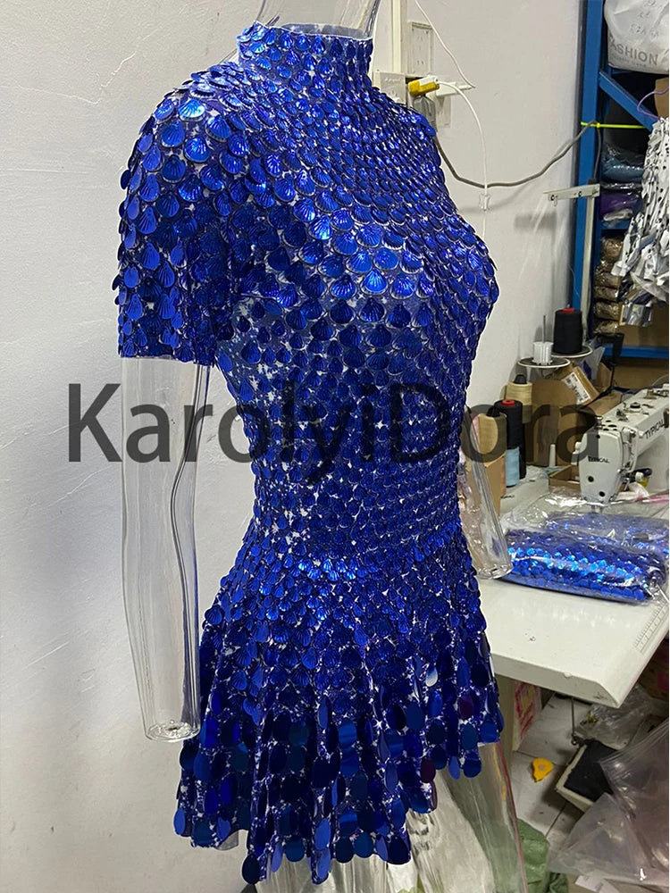 Sexy Black Shell Sequins Mini Dress Nightclub Dance High Quality Performance Clothing Bodysuit Birthday Red Dresses