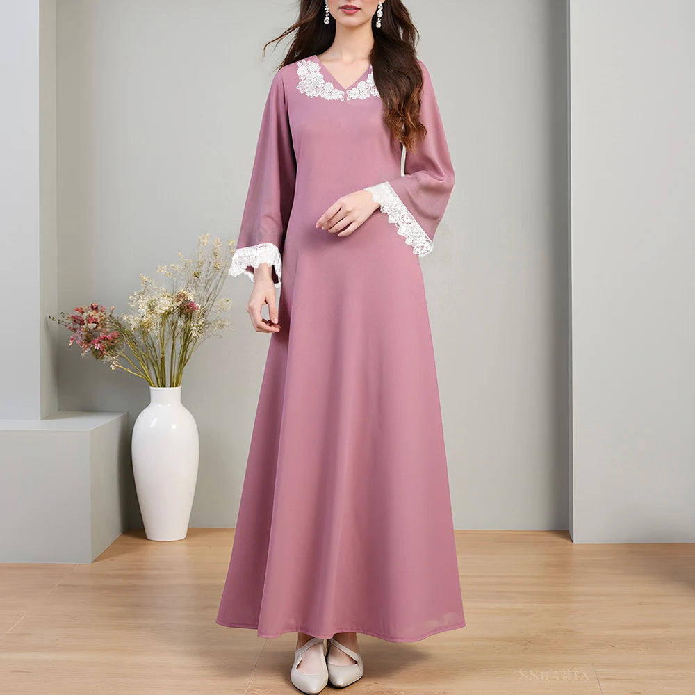 Rafiah Summer Women's Arabian Dresses 2025 Elegant Plain Floral Appliques Lace Long Sleeve V-Neck Ruffle Hem Long Dress
