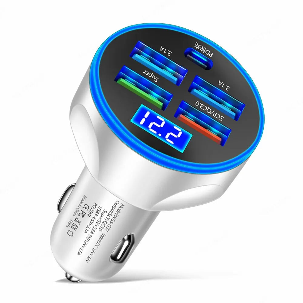 شاحن سيارة 4 منافذ USB PD 250 وات من النوع C، محول شحن سريع للهواتف المحمولة لأجهزة iPhone وSamsung وHuawei وXiaomi وQC 3.0