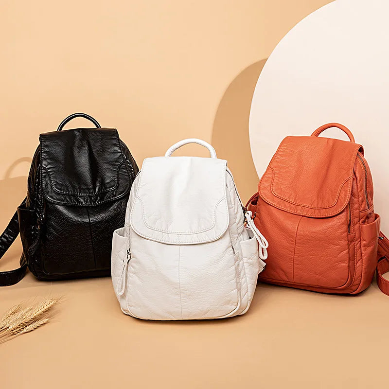 Motaora Women's Backpack White Washed Leather Backpack Female Small School Bags For Teenage Girls All-match Casual Travel Bag