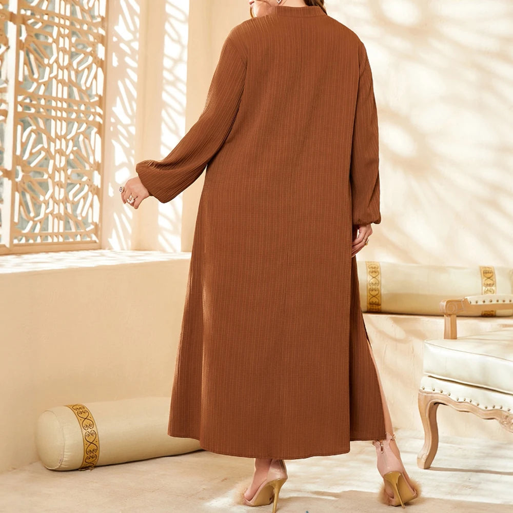 Plus Size Rafiah Women's Summer Long Dress 2025 Arabian Dress Long Sleeve Stand Collar Loose Fit Plain Daily Basic Dress