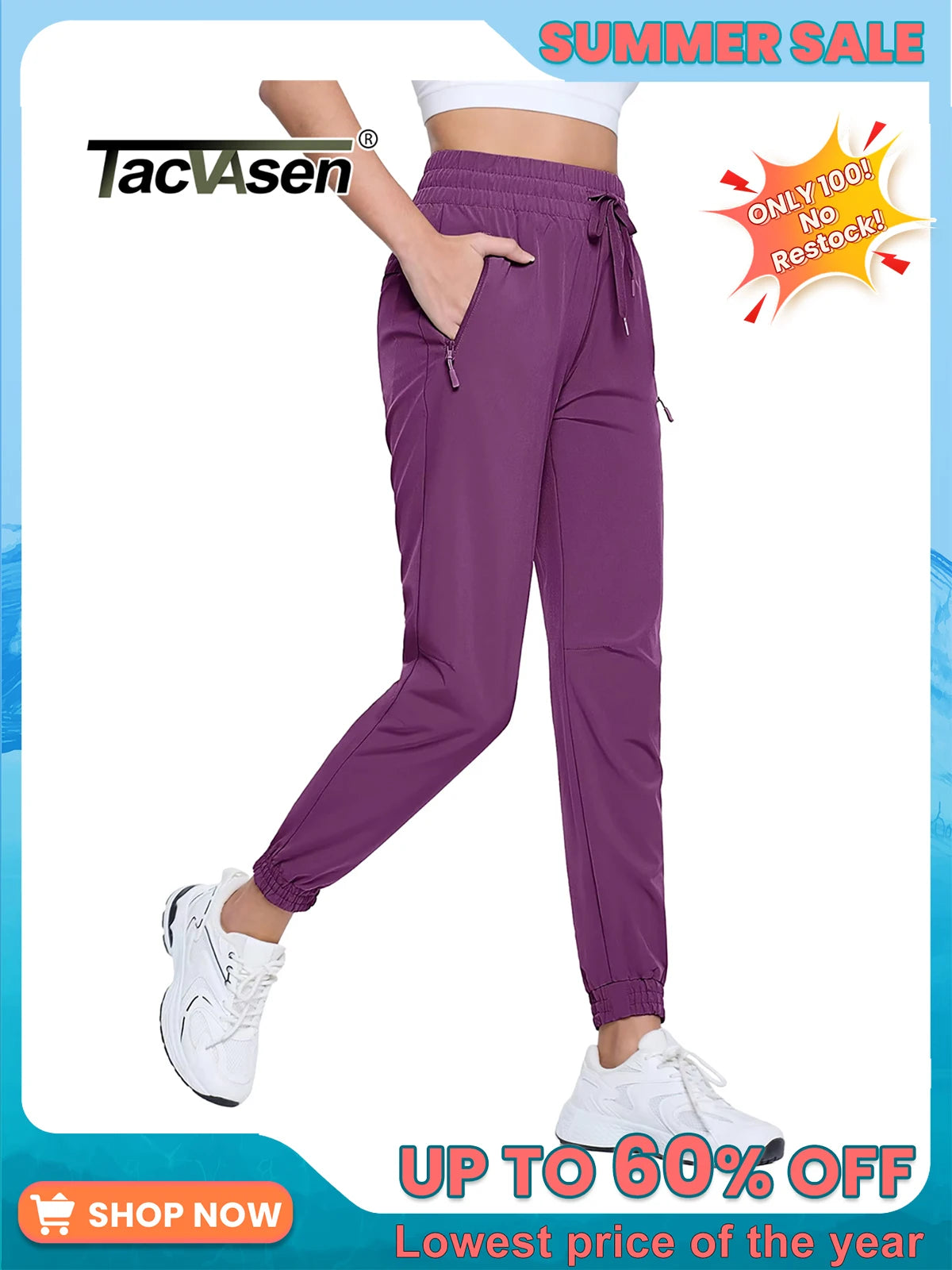 TACVASEN Quick Dry Hiking Pants Womens Outdoor Sports Drawstring Waist Joggers Waterproof Lightweight 3 Zipper Pockets Trousers