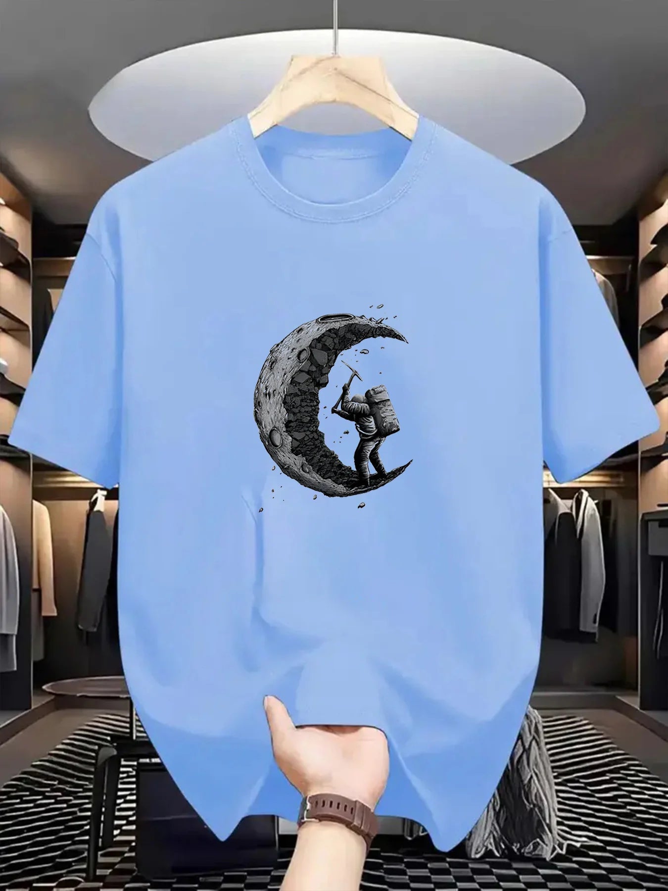 Men's summer 100% cotton π moon shaped planet astronaut π§βπ digging printed casual loose solid color multi-color optional sports round neck short sleeved T-shirt top