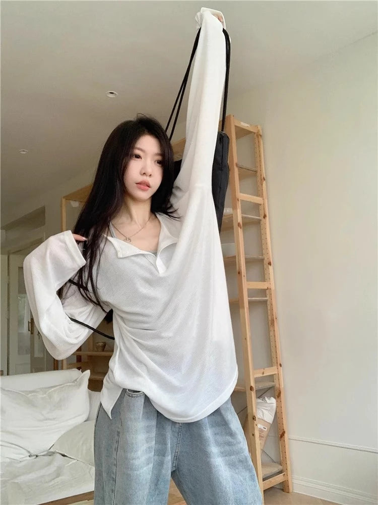 Ladies Casual V-Ne Long Sve T-irt Cover up White Loose Slimming Knitted Wear Summer Inner Top Comfortable Sle
