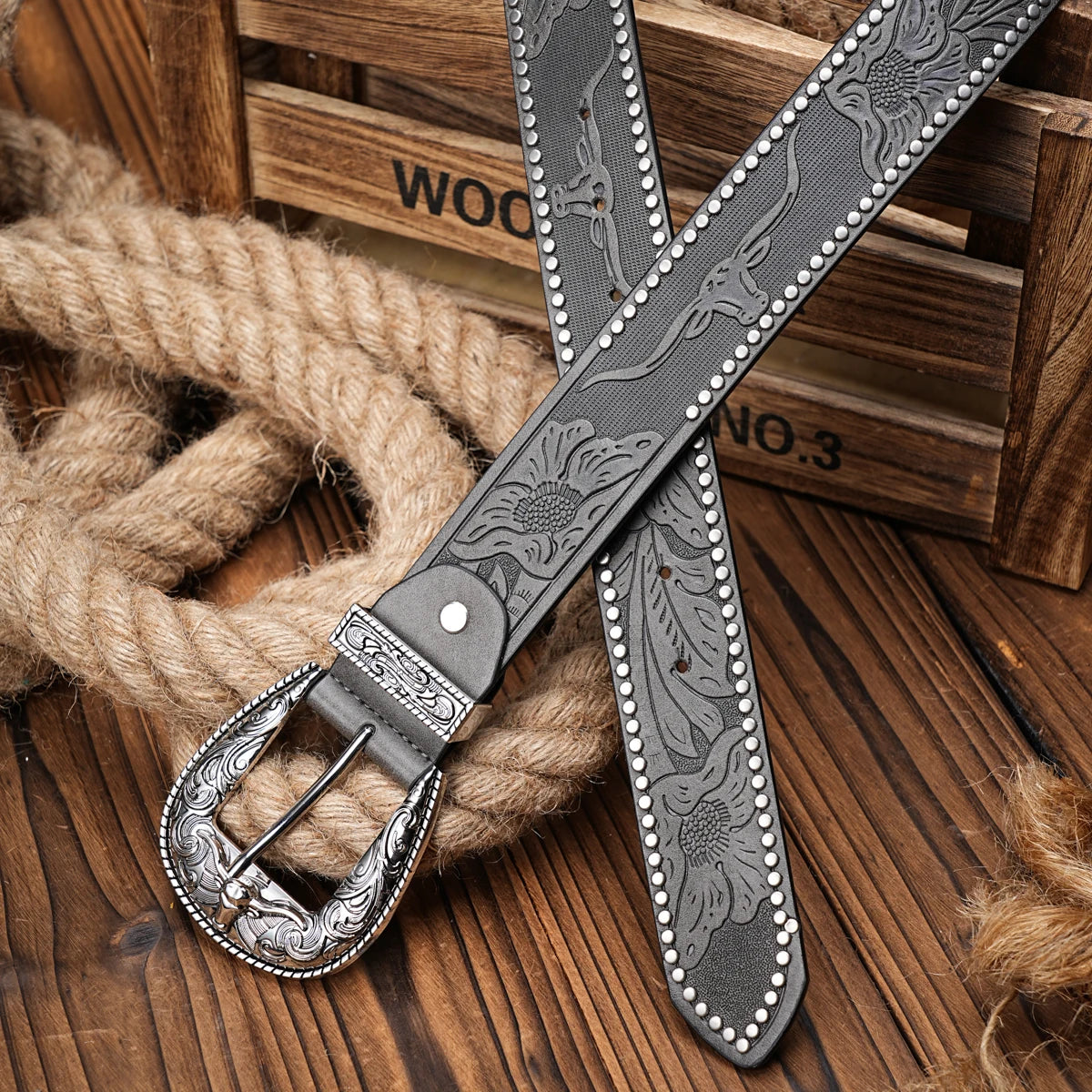Men Women-Western-Cowboy-PU Leather-Belts - Vintage Belt Floral Engraved Buckle Belt for Jeans