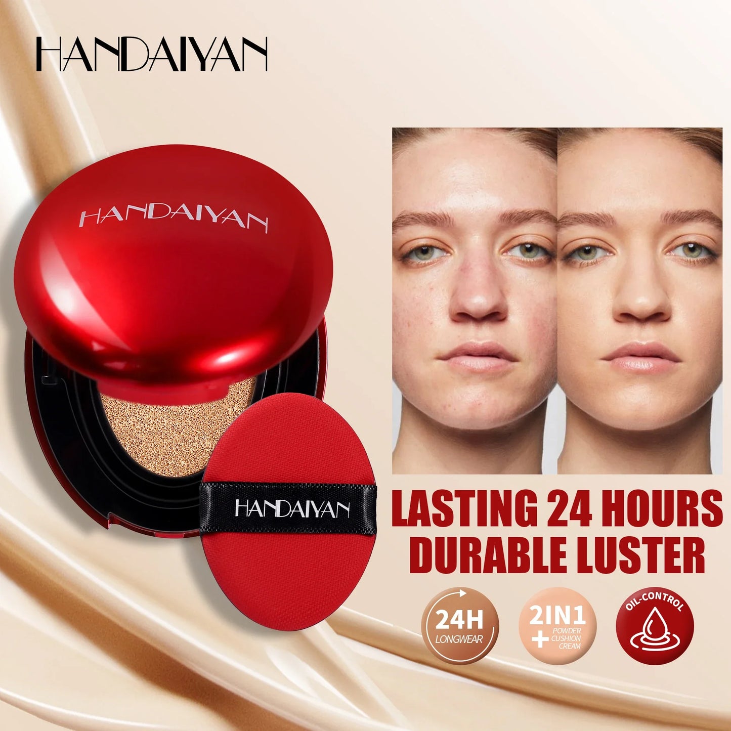 HANDAIYAN 5Color Red Box Concealer Cushion For Easy Application And Long-Lasting Skin Touching Face With Puff For Women's Makeup
